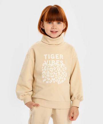 Pulover cu guler înalt și imprimeu animal pe fundal bej pentru fete Button Blue