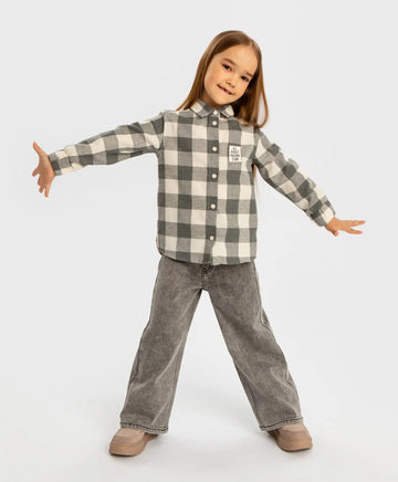 Cămașă cu nasturi, flanelată, în carouri, cu guler desfăcut, gri, pentru fată, Button Blue