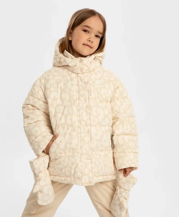 Geacă de sezon intermediar cu glugă și mănuși detașabile cu print bej pentru fete, Button Blue