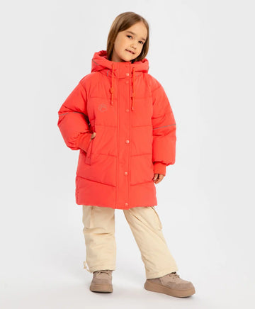 Palton semilung de sezon intermediar cu glugă și print cu lăbuțe coral pentru fete, Button Blue