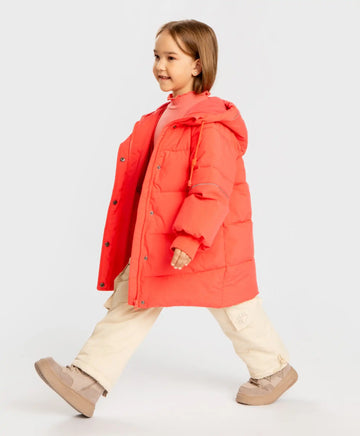 Palton semilung de sezon intermediar cu glugă și print cu lăbuțe coral pentru fete, Button Blue