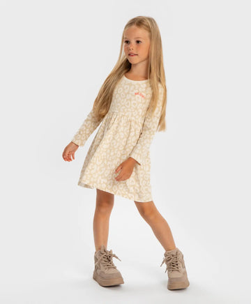 Rochie cu imprimeu leopard, mâneci lungi, bej, pentru fete Button Blue