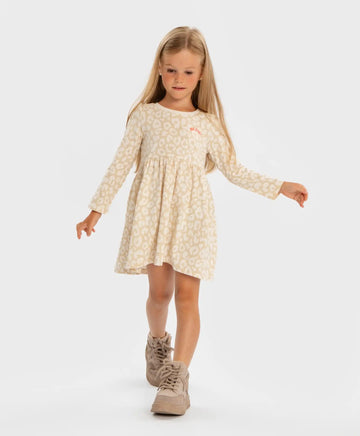 Rochie cu imprimeu leopard, mâneci lungi, bej, pentru fete Button Blue