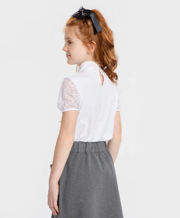 Bluză cu mânecă scurtă și jabou din dantelă, albă, Button Blue