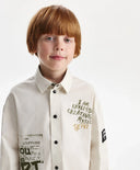 Cămașă pentru băiat cu mânecă lungă, siluetă dreaptă, gri cu print Gulliver