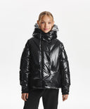 Geacă de iarnă pentru fată, matlasată, cu puf artificial, din material impermeabil lucios, neagră Gulliver