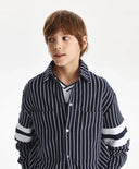 Cămașă tricotată pentru băiat, cu mânecă lungă, în dungi cu print, albastră Gulliver